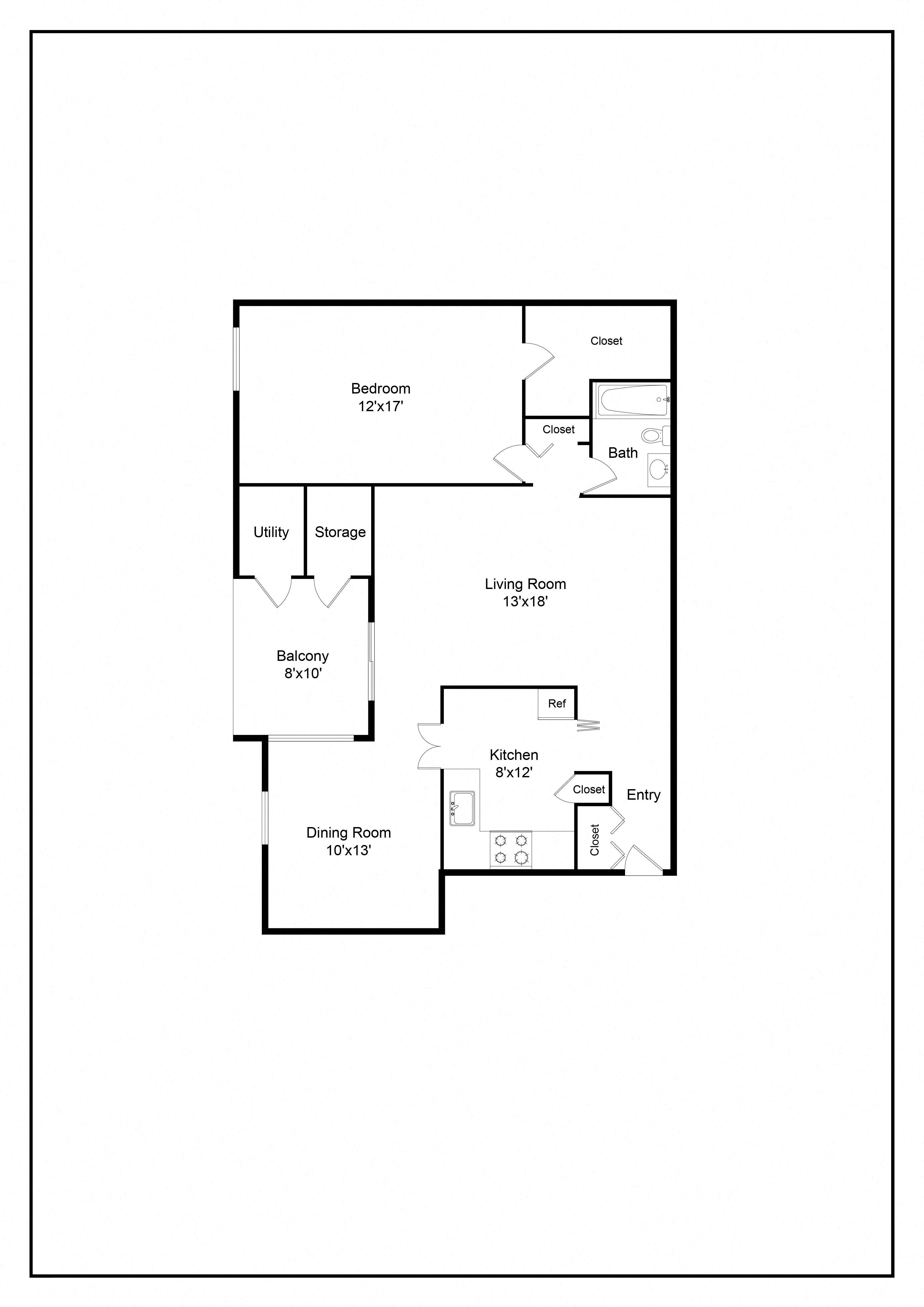 Floor plan for 1 bed, 1 bath, 856 sqft